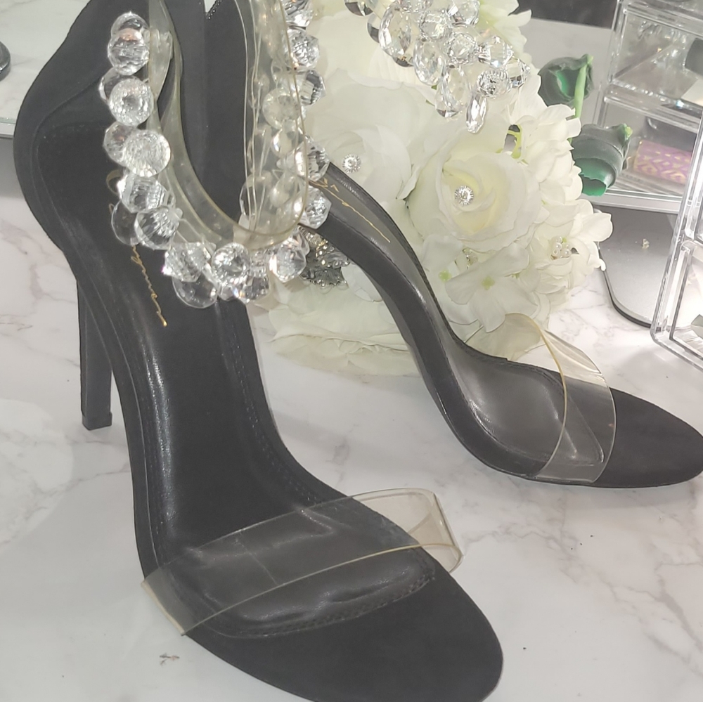 Jeweled Ankle Strap Black Heel Sandals